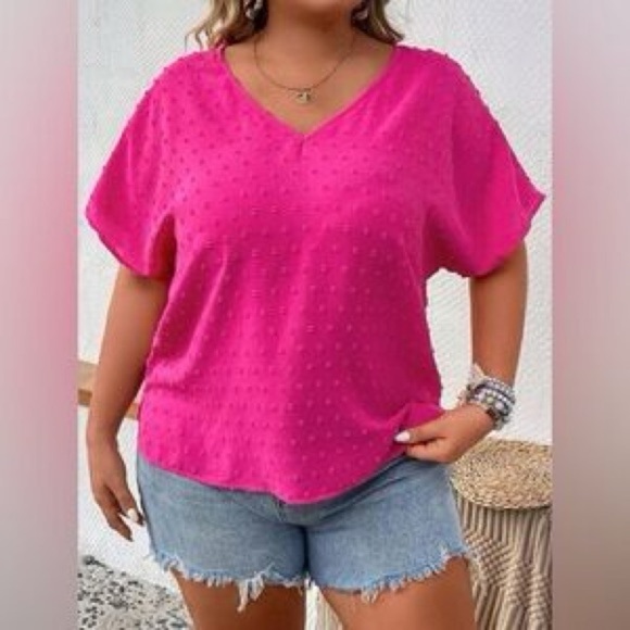 Shein Curve V-Neck Dolman Sleeve Blouse Pink Swiss Dot 2X - Picture 1 of 10